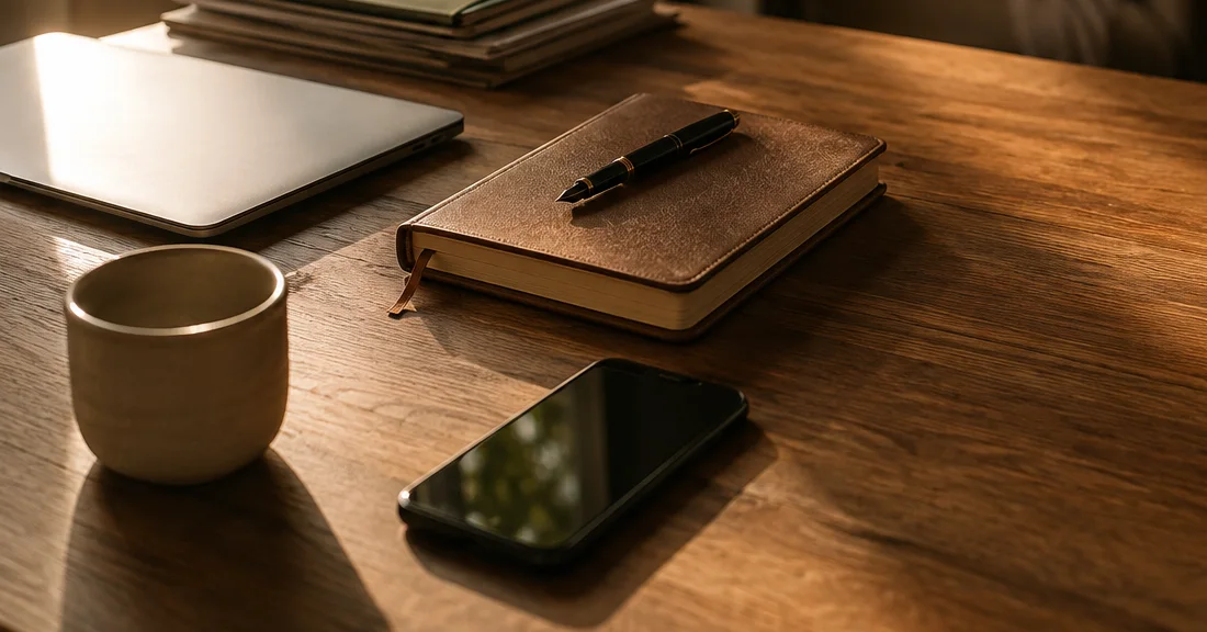 El escritorio de un consultorio con un cuaderno, una pluma, un portátil cerrado y un teléfono, con luz de tarde